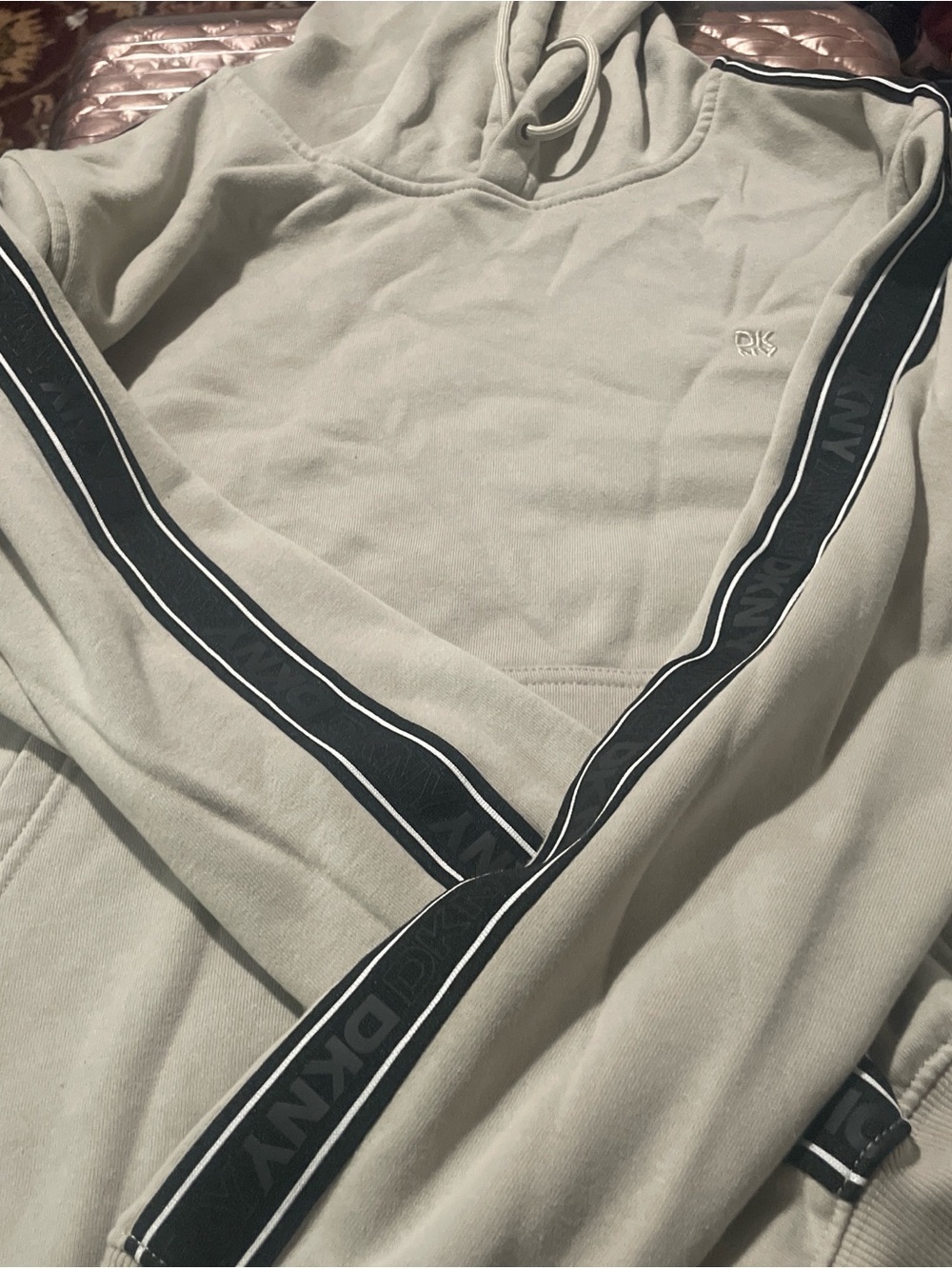 DKNY Cream Pullover Hoodie with Branded Neck Tape